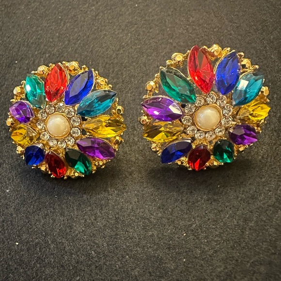 Large Gorgeous Clip Earrings Holiday Rainbow of Colors - Picture 2 of 7